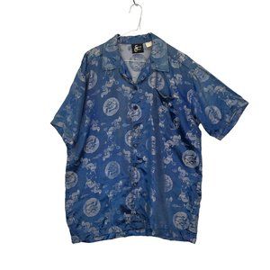 Street Culture Mens Blue Silver Asian Dragon Satin Button Front Shirt,‎ 42 chest
